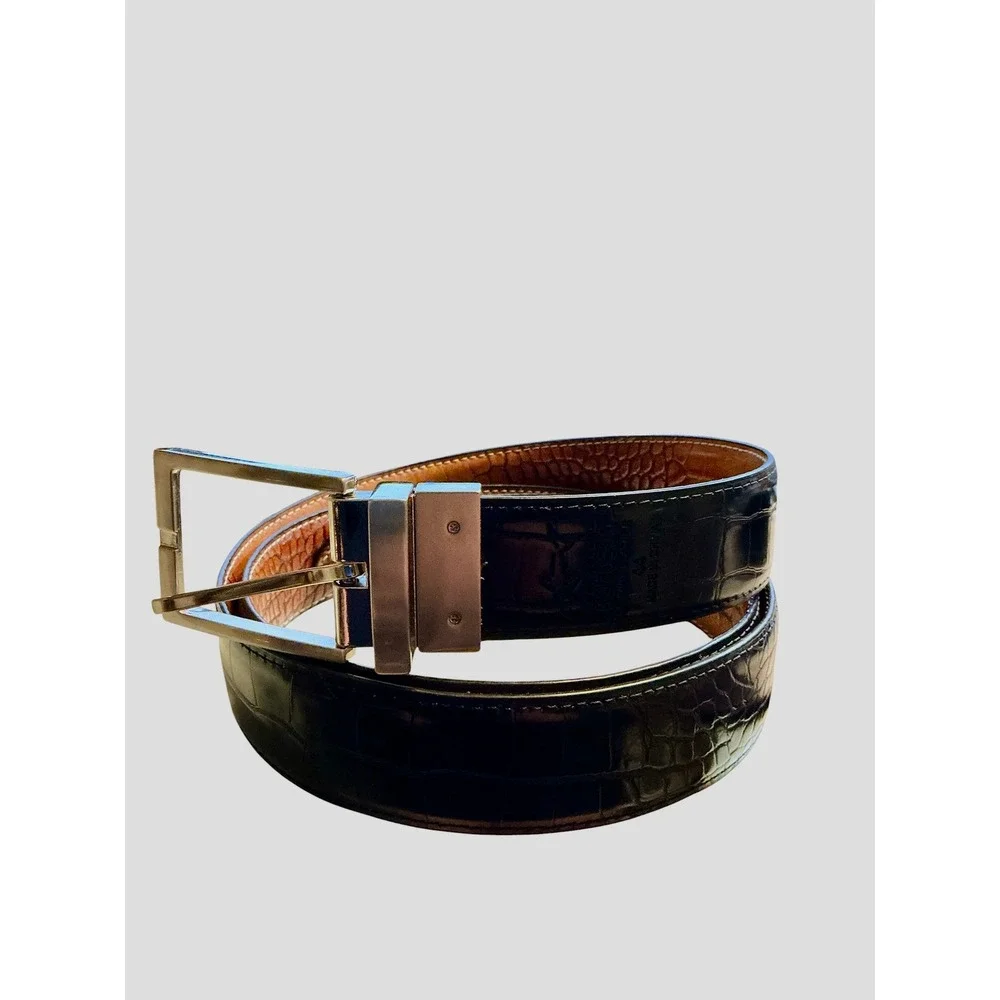 Greg Norman Mens Reversible Belt Black Brown Croc Embossed Leather Size 44 Steel